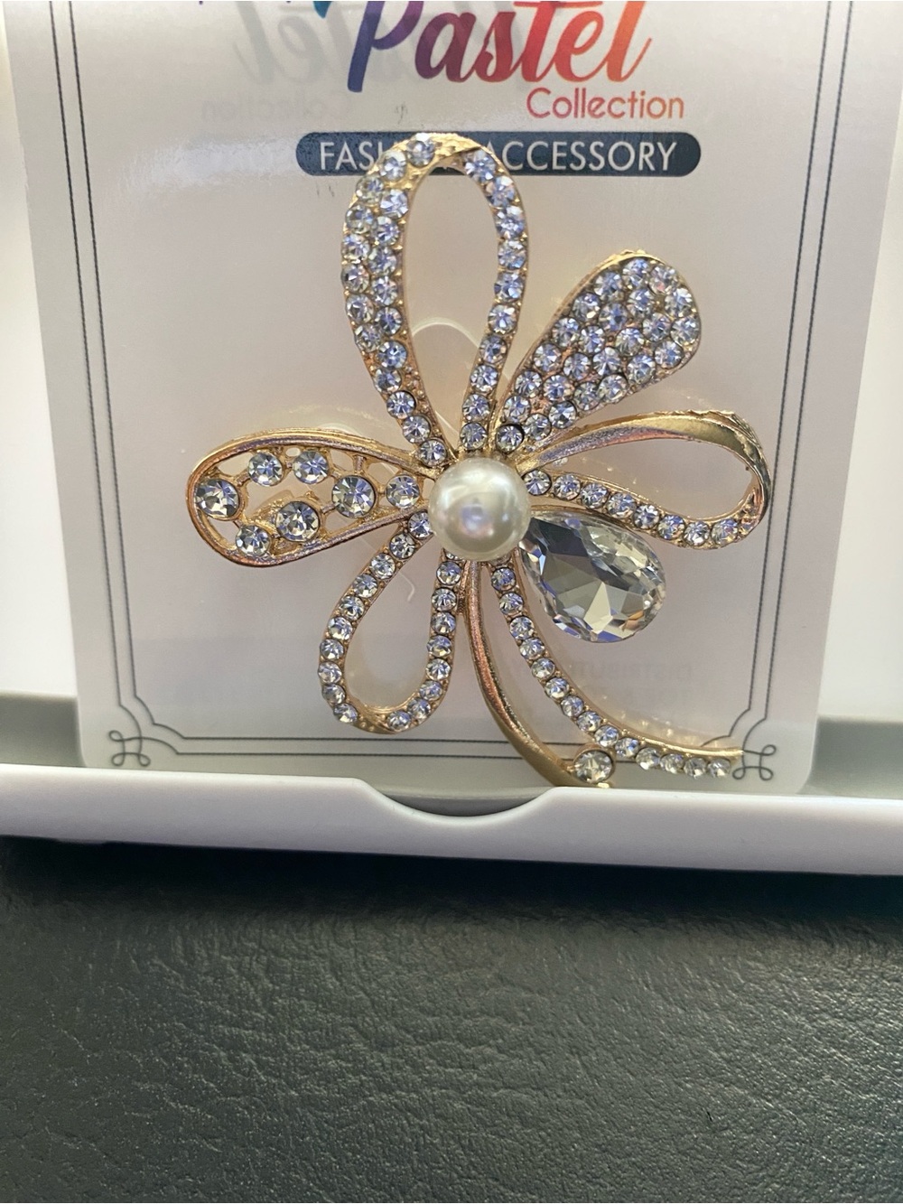 Gold Crystal Flower Brooch with Pearl Accent